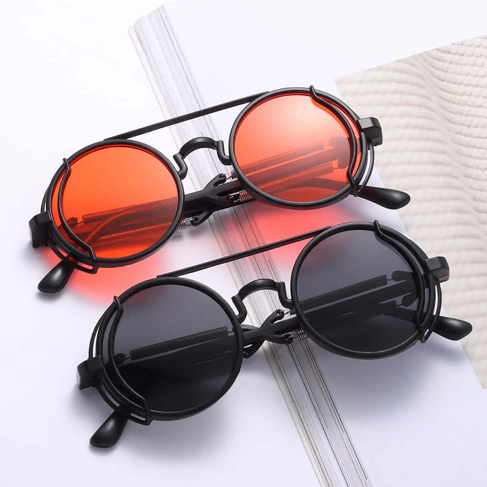 Punk Steampunk Sunglasses Fashion Double Spring Temples Trendy Round Sunglasses Men's Gothic Style UV400 Protection Eyewear