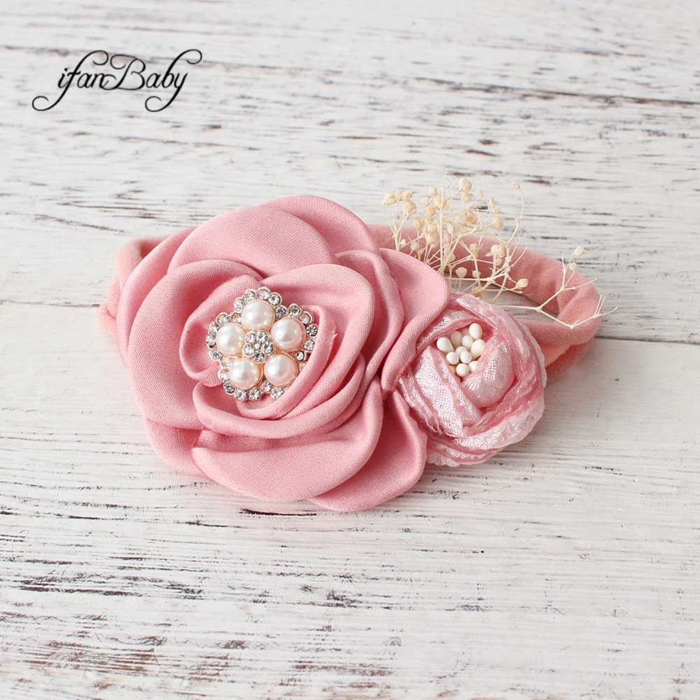 Accesorios para el cabello de Boutique para niña y niño, diadema de flores con diamantes de imitación, lazo elástico de nailon, tocado para niña