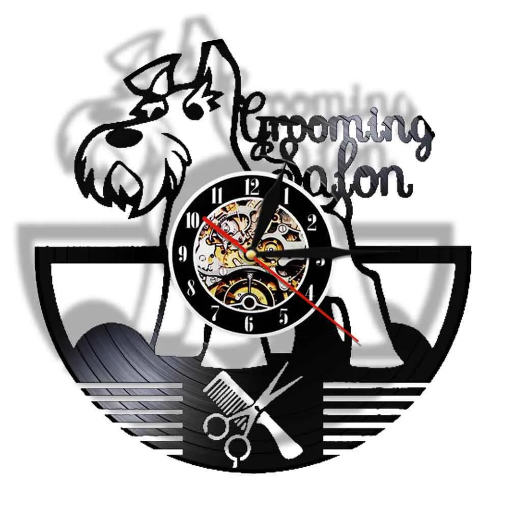 Dog Grooming Salon Vinyl Gramophone Record Wall Clock Scissors Comb 7 Colors Changing Wall Light Lamp Hanging Decor