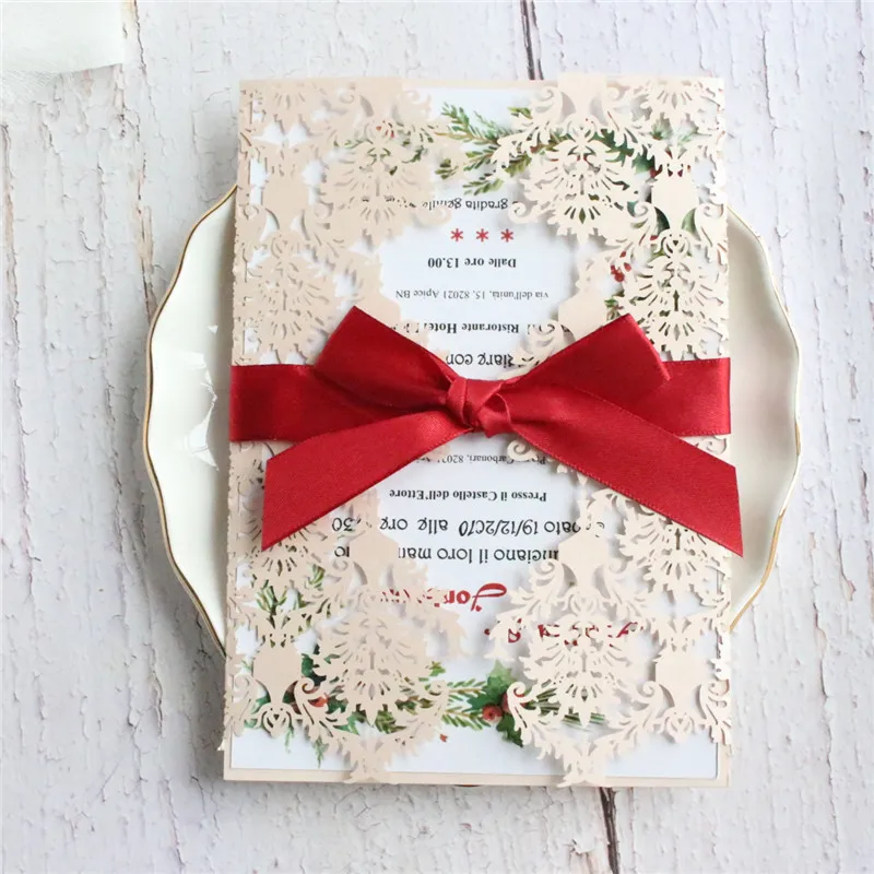 Rustic floral invitations with red ribbon customized insert card printing laser cut gift card 50 pcs