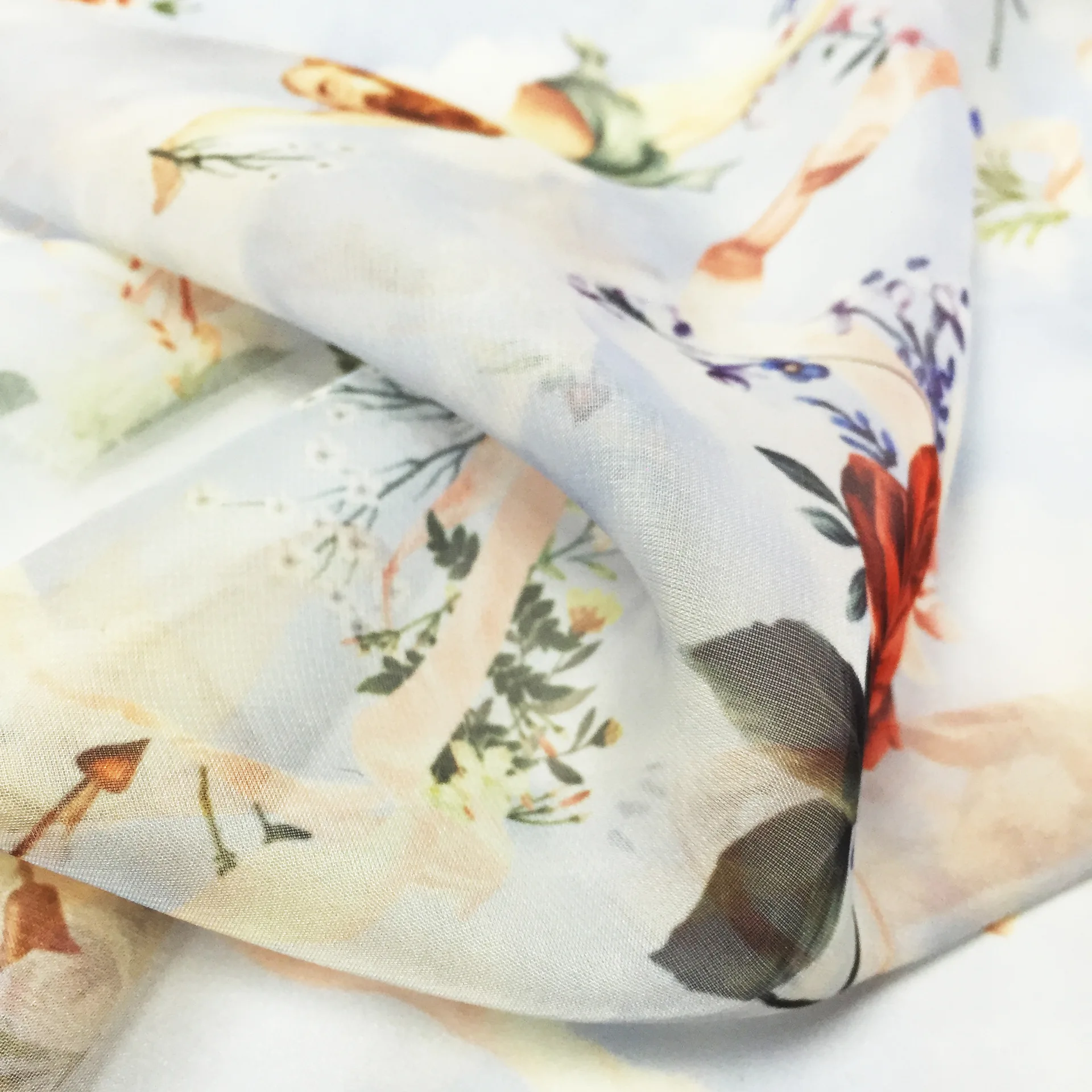 Soft Chiffon Printing Fabric Spring Summer Hand-painted Angel Flower Printing Processing Cloth for Sewing Material Per Meter