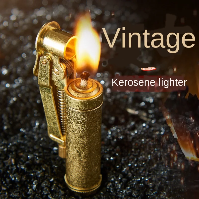 

Classic Trench Pure Copper Lighter Gasoline Vintage Oil Petrol Refillable Flint ignition Kerosene Fire Lighter Birthday Gift