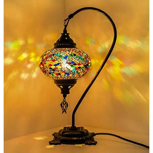 

LaModaHome Turkish Lamp Swan Neck Turkish Moroccan Mosaic Table Boho Lamp (Bulb Included) (Multi-Squares)