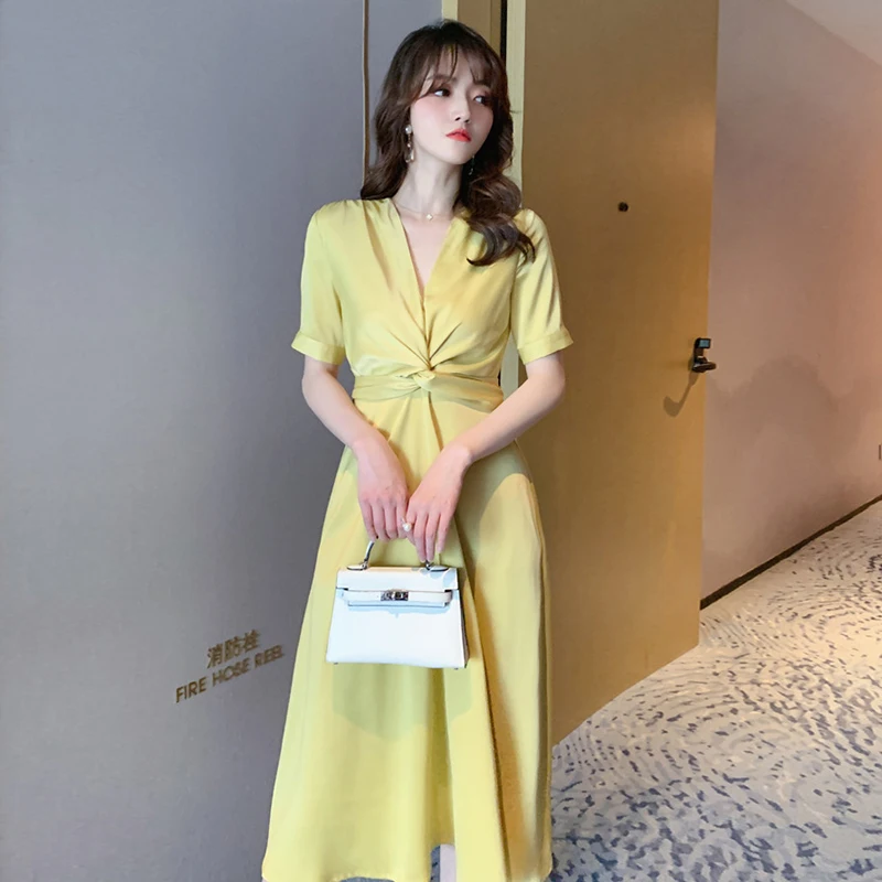 new arrival fashion party dress women elegant summer v-neck vintage puff sleeve temperament OL simple solid slim a-line dress