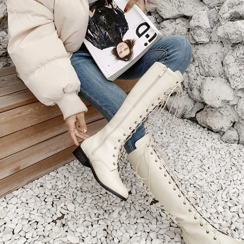 BLXQPYT Lacing Up Knee High Winter Boots Women Cosplay Shoes Zipper Black Square Heels Shoes Leather Footwear Big Size 32-46