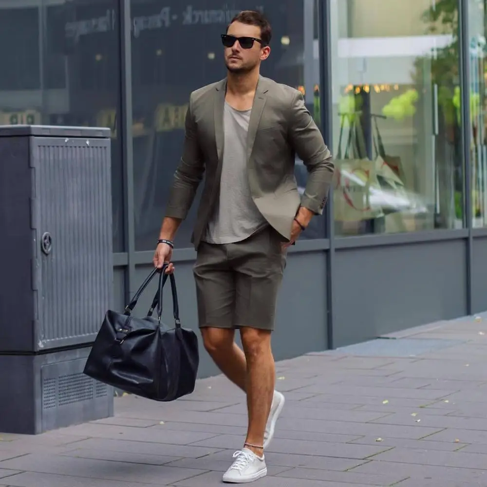 2021 wysokiej jakości szary krótkie męskie smokingi ślubne dwa Buttom Slim Fit Wear biznes na imprezę bal Best Men Blazer garnitur (kurtka + spodnie