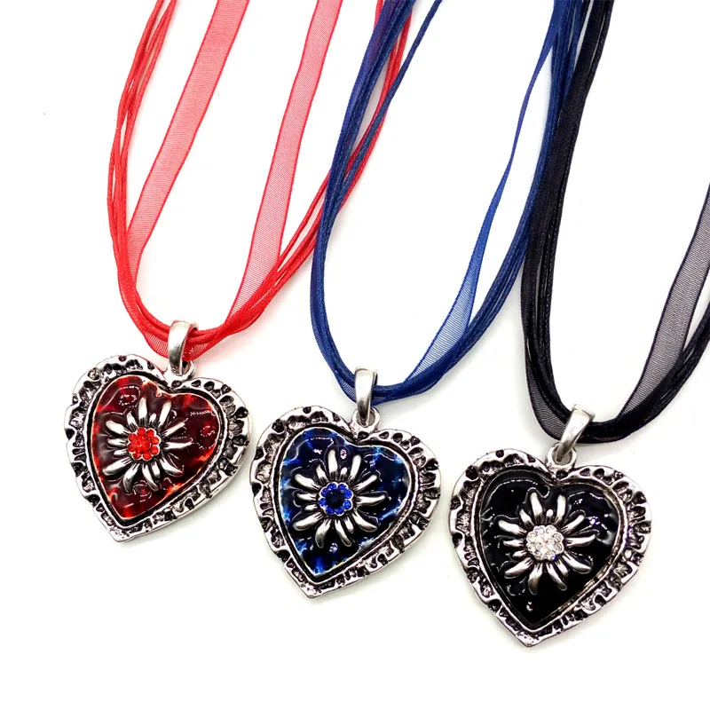 Fashion Vintage Heart Edelweiss Necklace Enamel Pendant Multicolor Charm Rope Choker for Women Oktoberfest Party Jewelry