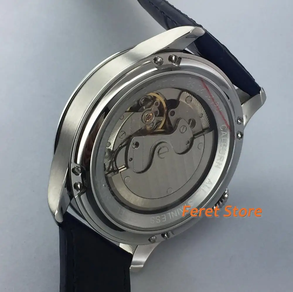 Corgeut 40mm New Men\'s Top Mechanical Watch stainless silvery Case blue Dial Date Leather Strap Power Reserve Automatic Watch