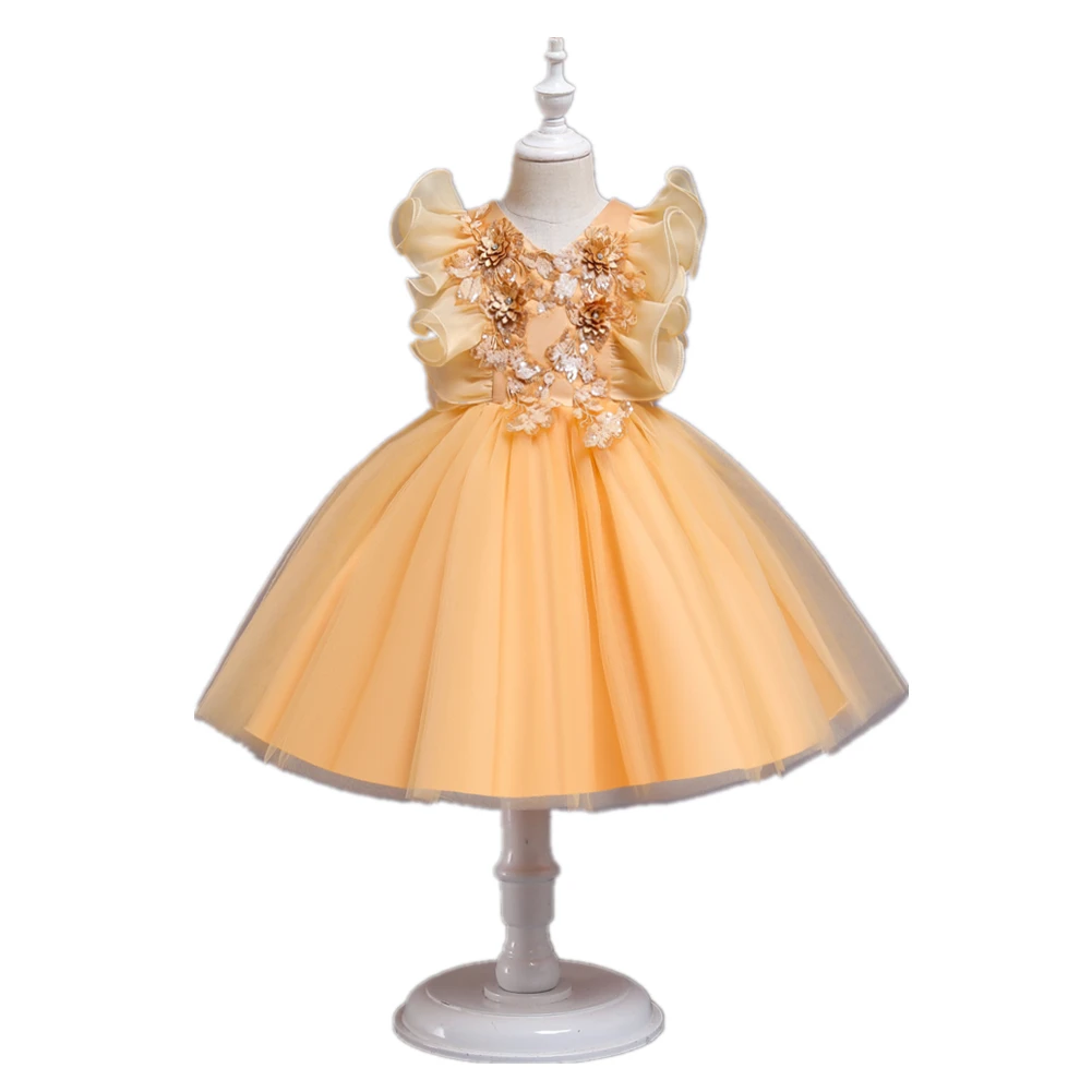 Child Temperament Embroidered Girl Party Dresses for Kids Yellow Noble Flower Girls Tutu Dress of 2-10 Years Old