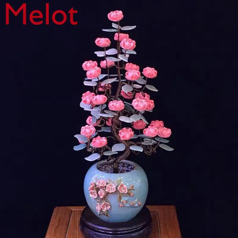 High-End Luxury Pink Peony Flower Lucky Tree Simple Crystal Decoration Rose Home Villa Decoration Pastoral Style Floor Vase