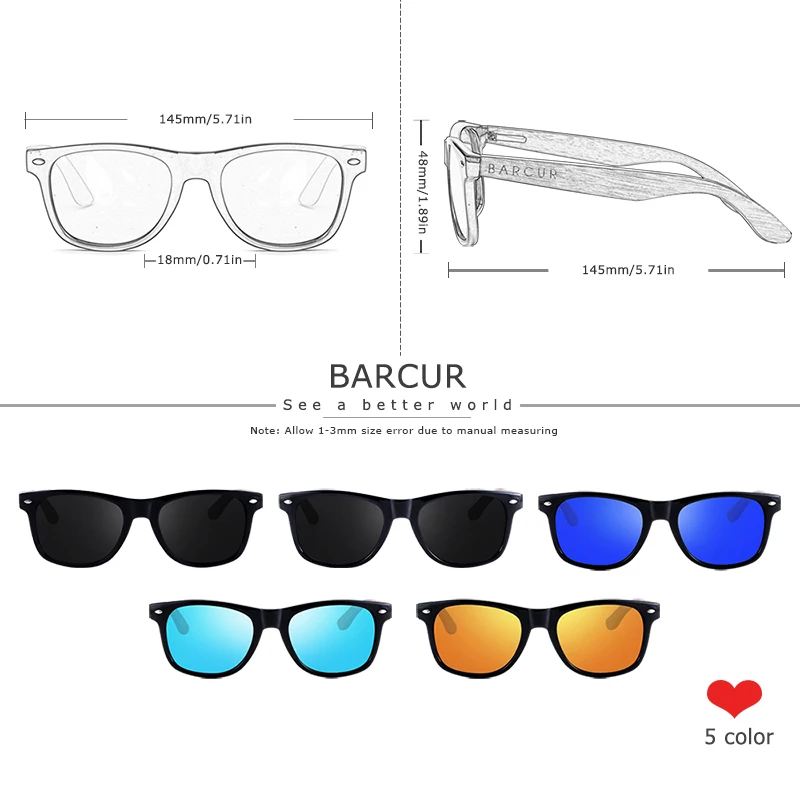 BARCUR Sonnenbrille aus schwarzem Walnussholz für Herren, polarisiert, hochwertige quadratische Sonnenbrille für Herren, UV400, Brillenzubehör, Originalverpackung – Detail 4