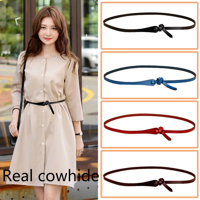 

Anti Allergy Knot Women Leather Thin Belt Fashion All around Small Narrow Skirt Special Price Really cowhide Black And White