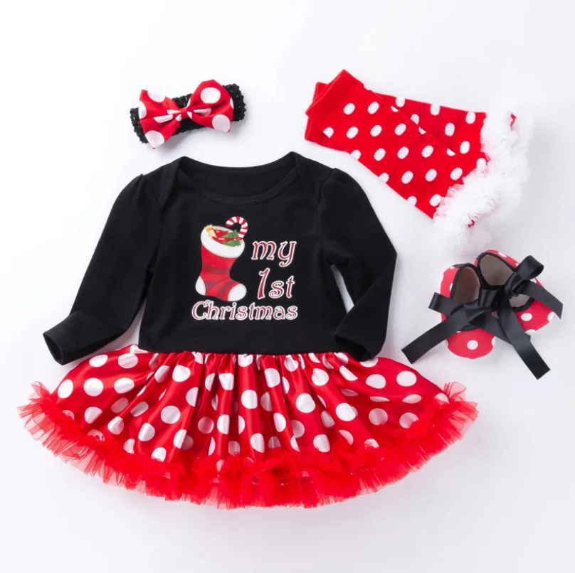 BEBE Christmas Costumes For Kids Girl Black Bodysuits with Polka Dot Dress Headband Leg warmer Baby Girl Xmas Party Clothes Sets