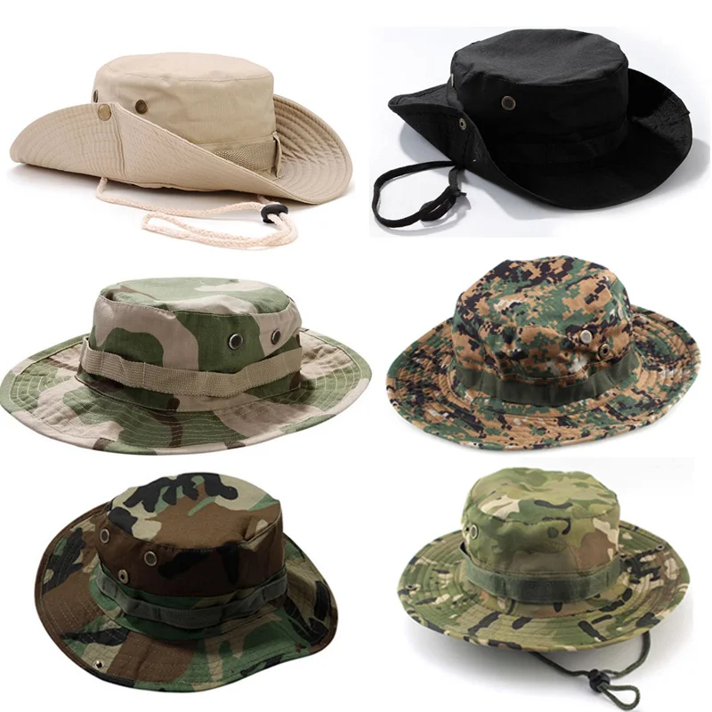 Tactical Hunting Boonie Hat Military Camo Bucket Sun Cap Waterproof Fishing Outdoor Camping Fisherman Hats With String Men