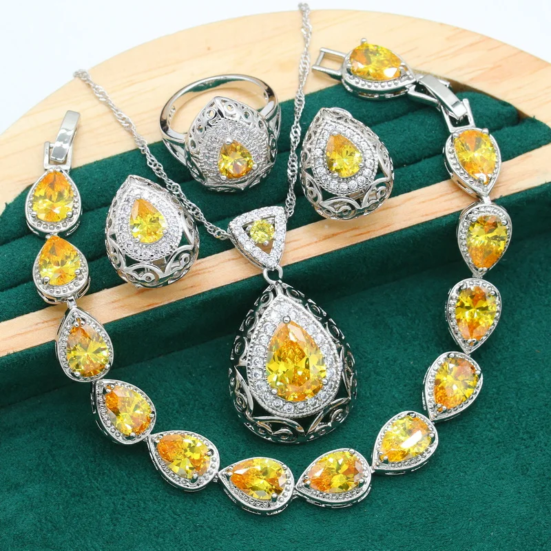 Luxuriant Silver Color Jewelry Set for Women Birthday Party Bridal Gift Yellow Zircon Dubai Bracelet Earrings Necklace Ring