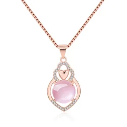 Trendy 925 Silver Jewelry Necklace Heart Shape Rose Quartz Zircon Gemstone Pendant for Women Wedding Promise Party Accessories