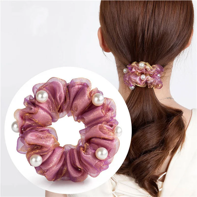 Elegante perla fiore Scrunchies donne ragazze elastici per capelli elastici accessori cravatta anello per capelli corda coda di cavallo copricapo