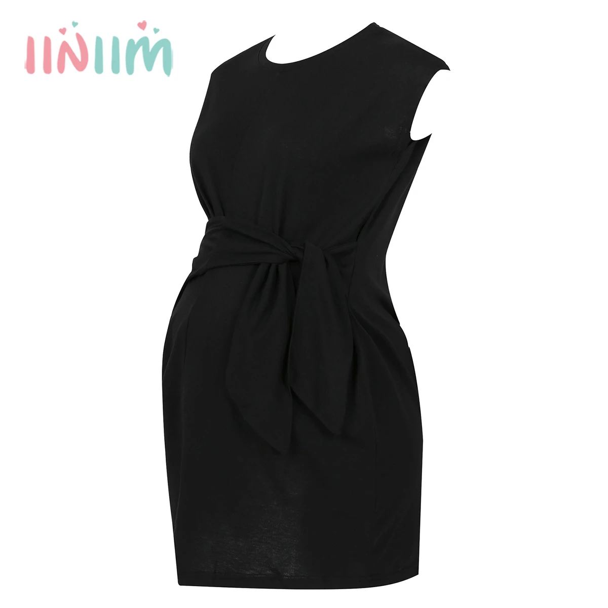 

iiniim Pregnant Women's Summer Casual Dress Sleeveless Solid Color Tie-in Waist Round Neckline Comfy and soft Pregnancy Dress