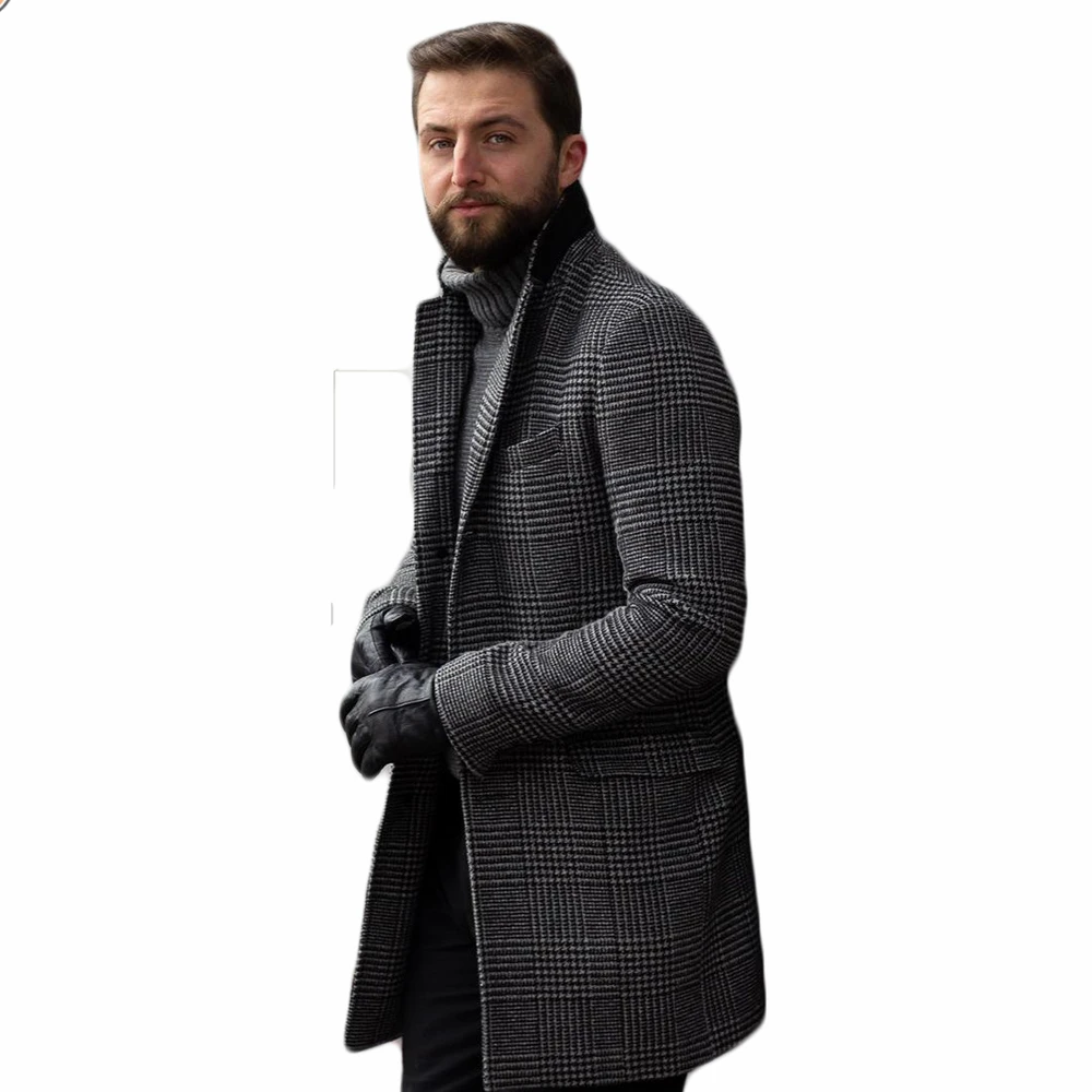 Winter Plaid Gray Woolen Overcoat Warm Men's Singal Breasted Thick Loose Mid-Length Casual Trench Coat Male Jacket