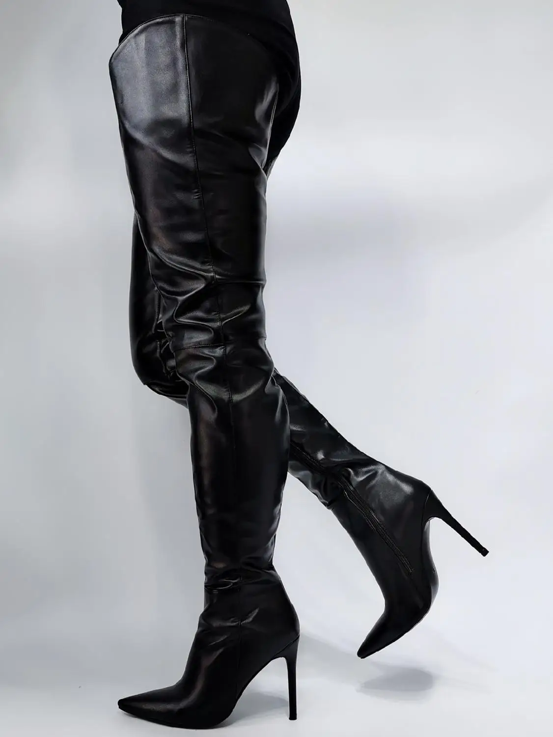 

High Quality Sexy Woman V Open High Heels Over The Knee Boots Pointed Toe Night Club Black Leather Thigh Boots Shoes Cheap Lady