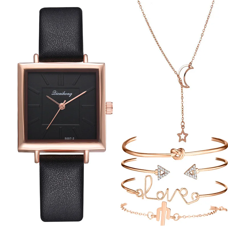 

6pcs Set Bracelet Necklace Fashion WristWatch Women's Luxury Leather Quartz Ladies Watch Women Dress Reloj Mujer Black Clock