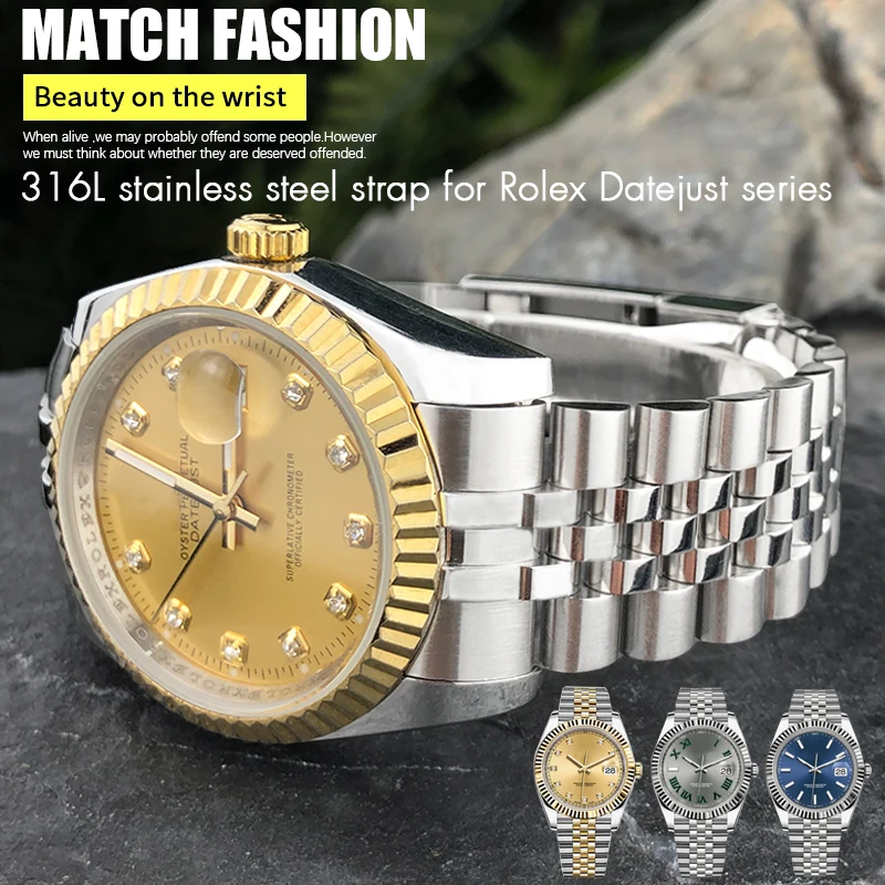 316L Stainless Steel Watchband 20mm Fit for Rolex Datejust Oyster Perpetual 36mm Watch Dial Strap Silver Golden Solid Wristband