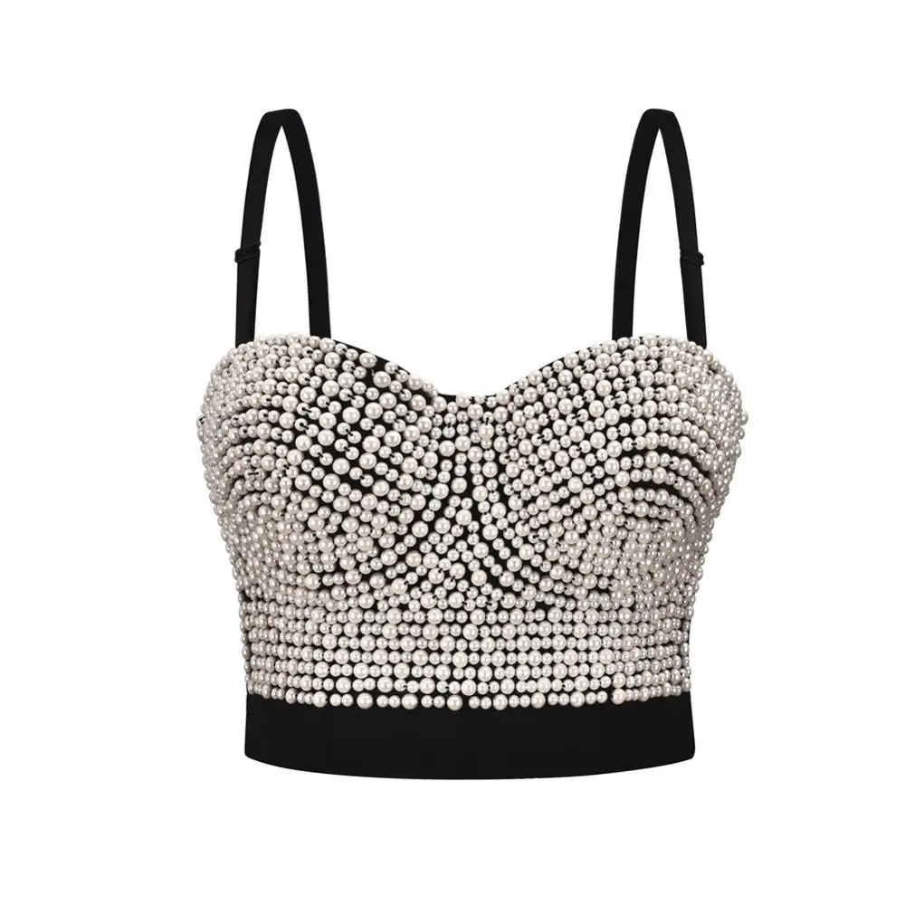 

New Fashion White Pearl Beads Push Up Bralette Womens Corset Bustier Bra Sexy Crop Top Punk Rock Brassiere Night Club Party Wear