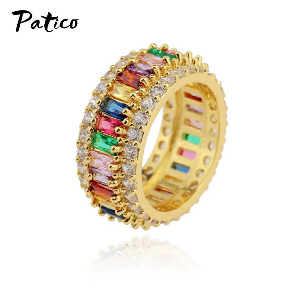 

Korean Style Dainty Rainbow Ring Colorful Multi Color CZ Eternity Square Finger Gold Ring Women Females Jewelry Accessory