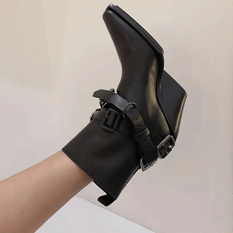 Wedge heel cowboy ankle boots women black boots winter pointed thick with silver buckle belt Chelsea boots strapped shoes woman