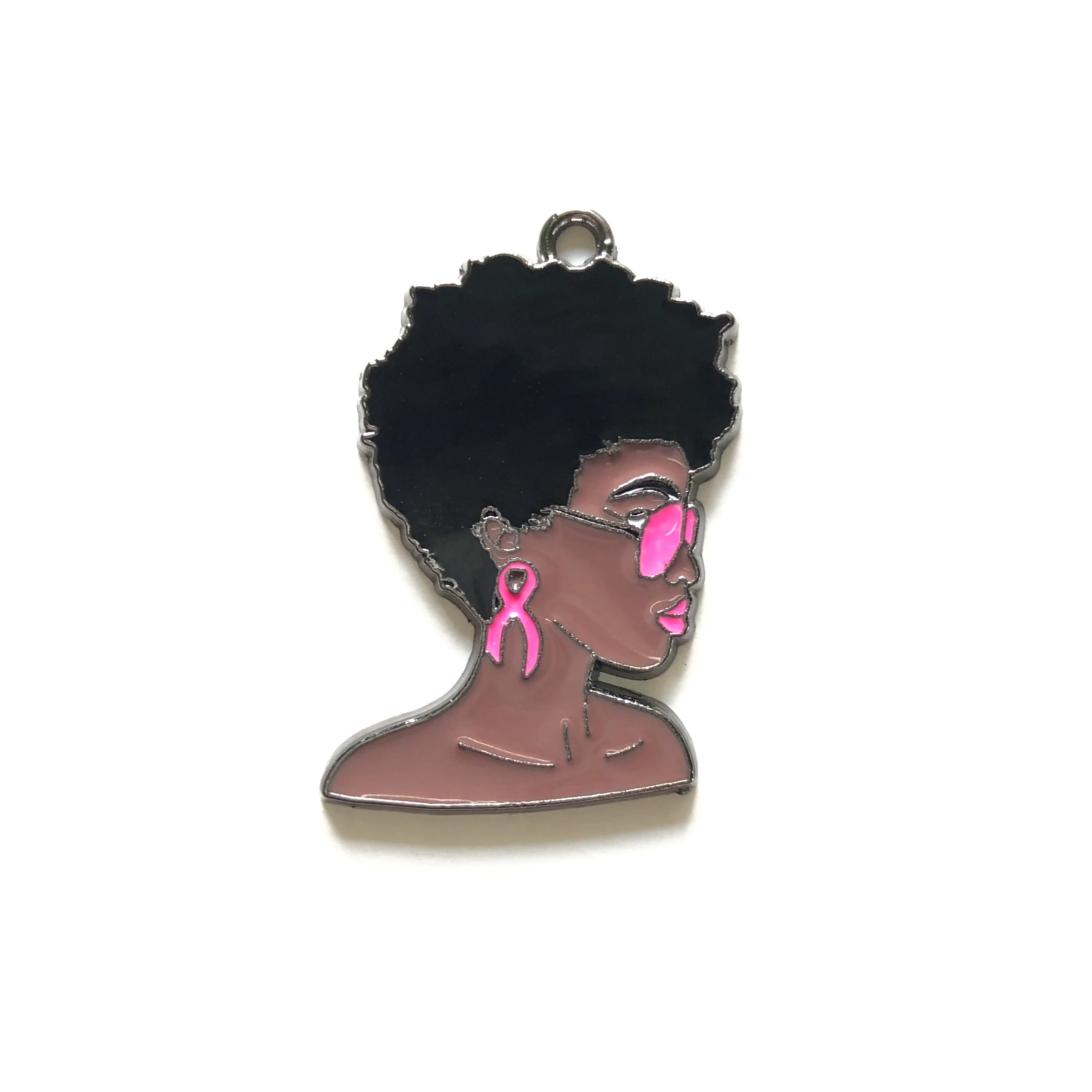 10pcs Afro Girl Black Women Pink Ribbon Breast Cancer Awareness Charms Pendant Bracelet Necklace Jewelry Alloy Accessory Supply