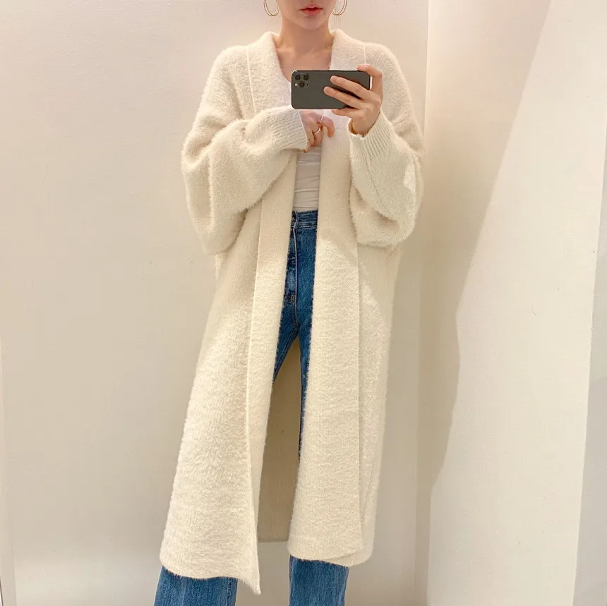 Thick Sweater Coat Women Mink Cashmere Turn-down Collar Loose Long Cardigan Sweaters Female 2022 Winter Clothing Knitted Black