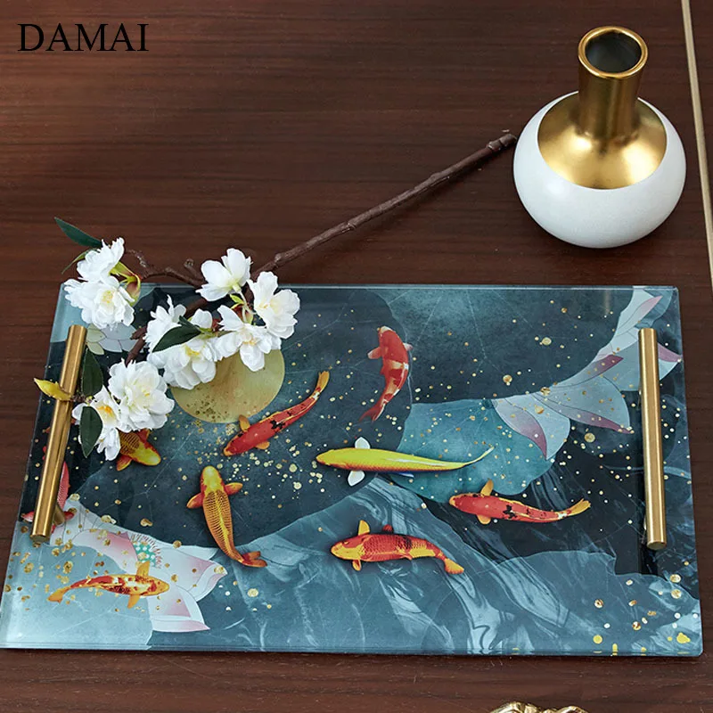 Chinese Painted Glass Trays Creativity Lotus Pond Fish Decorative Coffee Table Tea Cup Mug Storage Tray Jewelry Display Plates