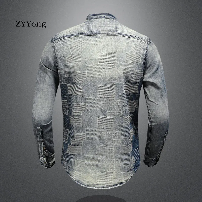 Men\'s Denim Shirt Retro Stand Collar Long Sleeve Patch Blue Plaid Patchwork Style Casual Camisas Chemise Homme Thin Coat