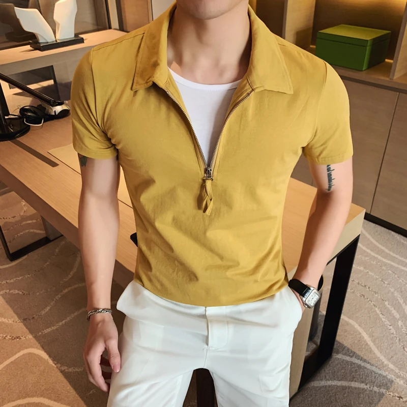 Polo Shirt Casual Slim Fit Zipper Solid Polo Homme 4XL Summer Fake Tow Piece Polo Short Sleeve Yellow Polo Shirt Men Breathable