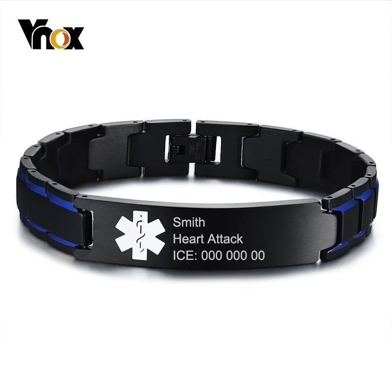 

Vnox Free Engraving 12mm Medical Alert ID Bracelets for Men Stainless Steel Male Pulseira Type 1 Diabetes Warfarin