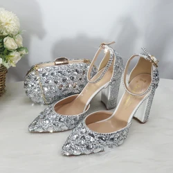 BaoYaFang scarpe da sposa da donna in cristallo argento scarpe da sposa con tacco alto spesso scarpe moda donna scarpe basse con fibbia alla caviglia