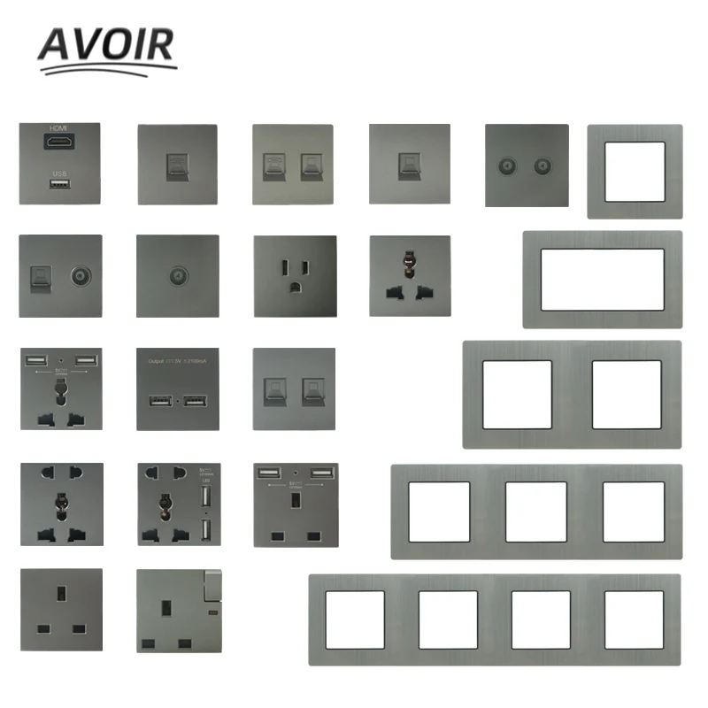 Avoir DIY Wall Electrical Outlet With Usb TV RJ45 Network Socket Function Key Free Combination Gray Aluminum Brushed Panel Frame