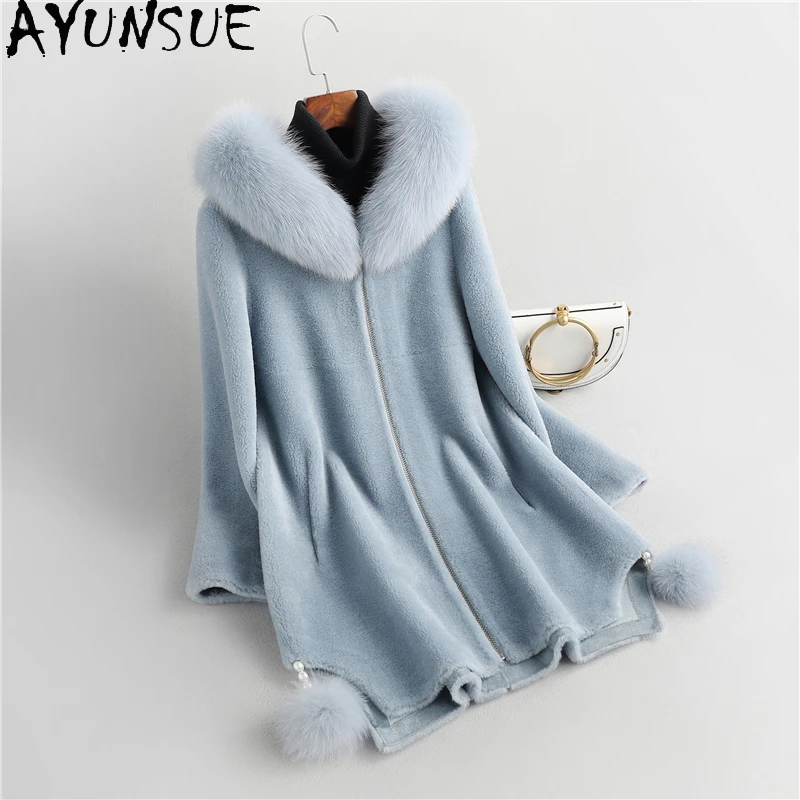 

AYUNSUE Winter Casual Real Fox Fur Collar Coat Female 2021 Elegant Sheep Shearling Jackets Women Korean Casaco Feminino Gxy351