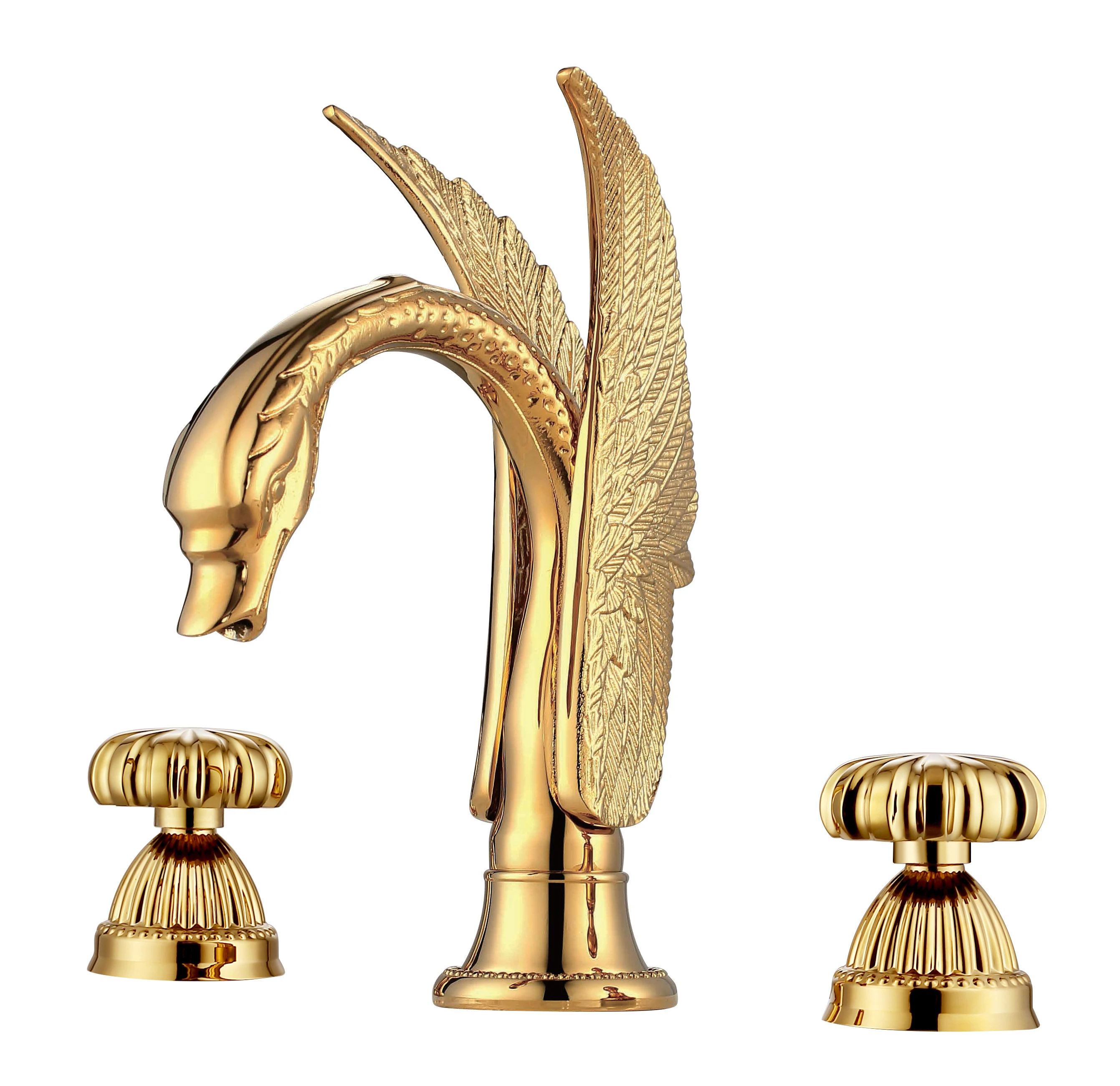 

Free ship gold Finish 3 Holes 8" widespread bathroom lavatory swan sink mixer faucet Ring handles deck mounted Luxury tap