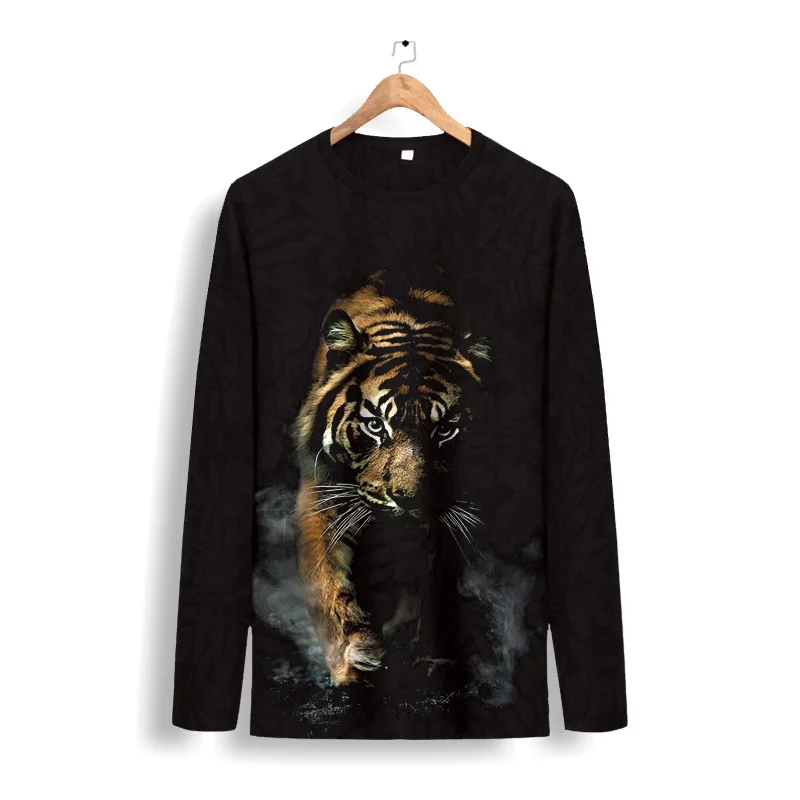 

Long-Sleeved T-Shirt Men's Spring And Autumn Thin Bottoming Shirt Tide Brand Casual Round Neck Loose Tiger Head Pattern Printing