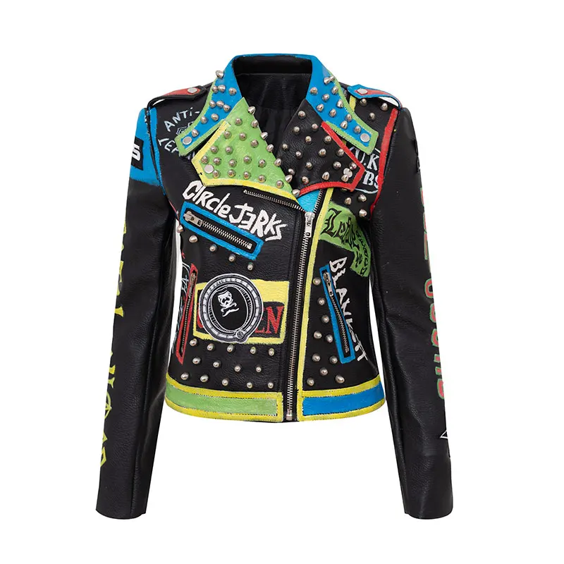 Spring Autumn New Cropped Leather Jacket for Women Fashion Printing Beading Rivet Punk Motorcycle Style PU Leather Jacket Coats