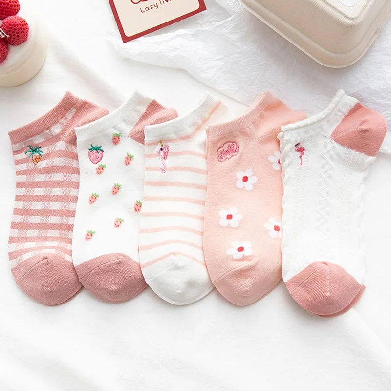 New Spring Summer Women Fashion Cotton Short Heel Socks Pink Series Fruit Embroidered Cute Breathable Shallow Mouth Boat Socks