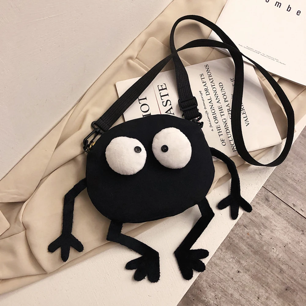 New Cartoon Big-eyed Monster Women\'s Bag Small Messenger Bag Unisex Black Canvas Shoulder Bag Telescopic shoulder strap Handbags