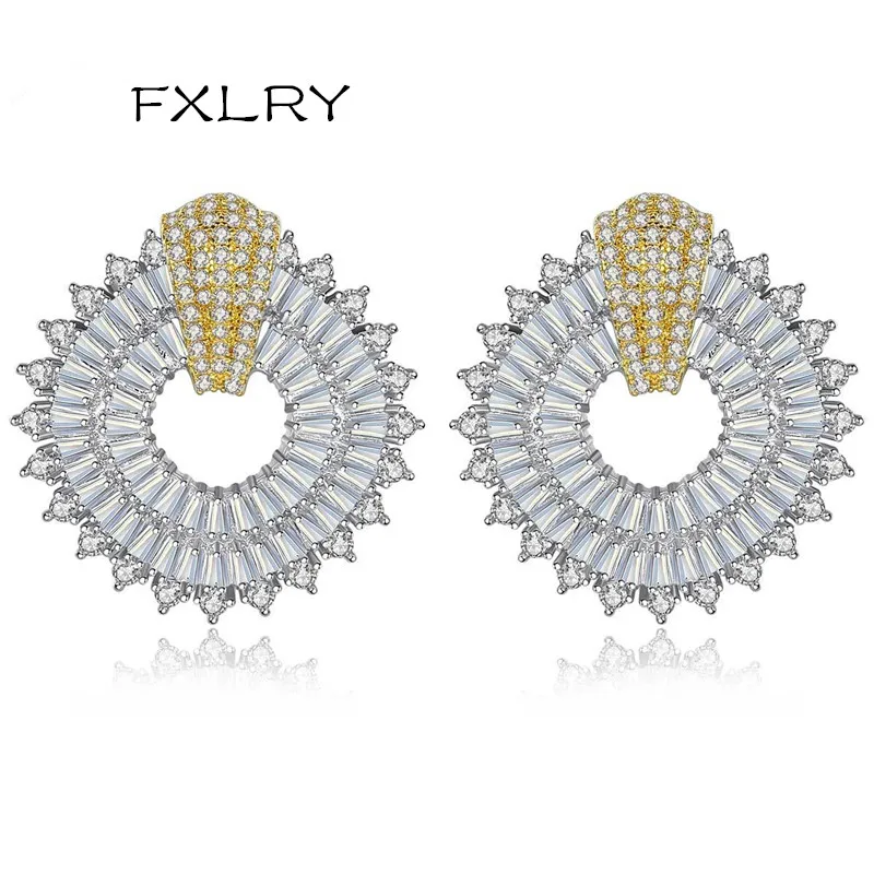 FXLRY Creative Jewelry White Color Micro Paved Zircon Geometric Shape Stud Earrings For Women Bridal Dinner Accessories