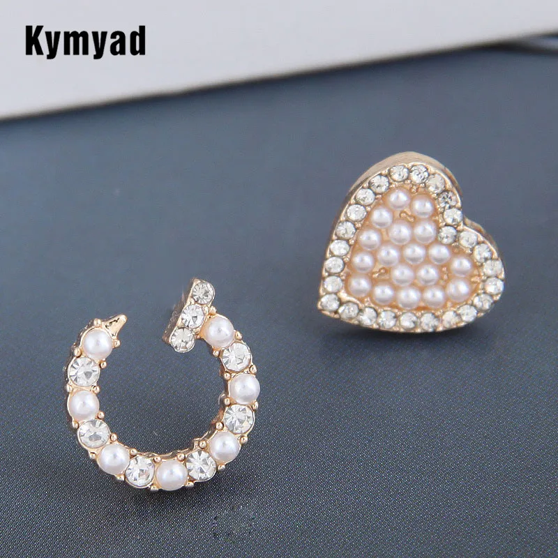 Kymyad Trendy Gold Color Crystal Stud Earrings For Women Jewelry Rivet Heart Asymmetric Stud Earrings Simulated Pearl Jewelry