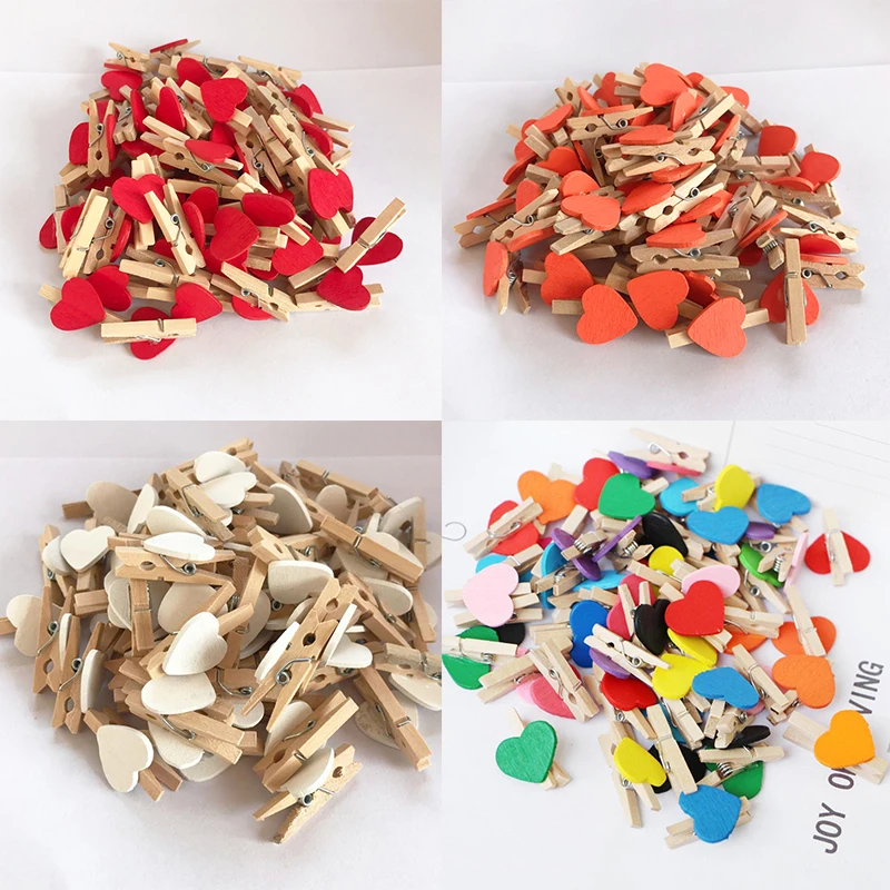 50PCS/Lot Mini Romantic Loving Heart Shape Wood Clips Handicrafts Photos Papers Clothes Pegs Home Bachelorette Party Decorations