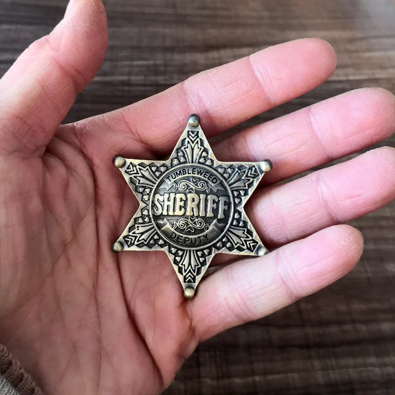 Cartoon SHERIFF DEPUTY Prizes Brooches Vintage Hexagon Star Honor Pin Badges Holloween Party Jewelry for Kids 48mm/1.9“ view 5