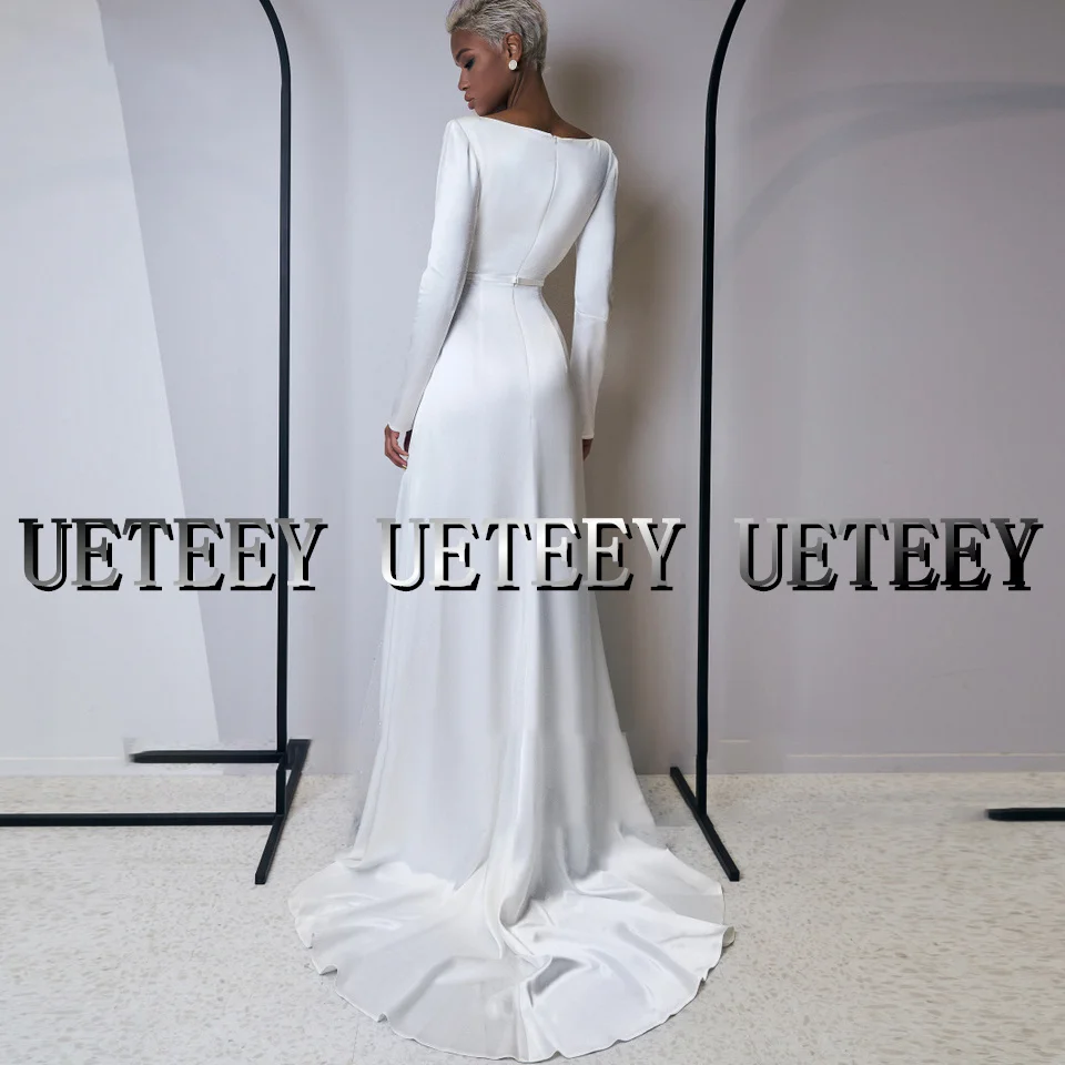 CustomizedUETEEY Satin Wedding Dress Elegant V-Neck Long Sleeve Bride Gowns Dinner Women Receiption Gowns 2022 Vestido De Noiva