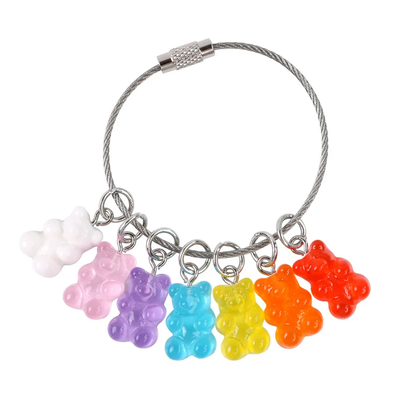 Rainbow Color Resin Mini Bears Stainless Steel Keychain On Bag Women Earphone Cover Charms Wedding Party Girls Gift