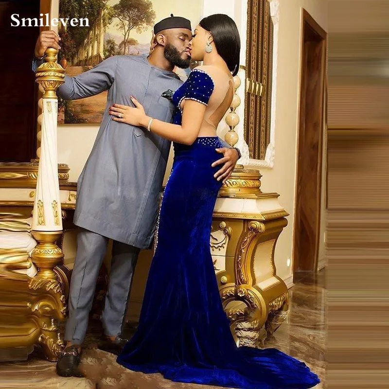 Smileven – robe de soirée en velours bleu Royal, style sirène, manches courtes, fente latérale, robes de soirée, Caftan, robes de bal arabes, sur mesure